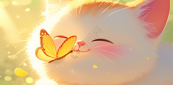 毛茸茸的卡通白猫脸上落着一只黄色蝴蝶图片