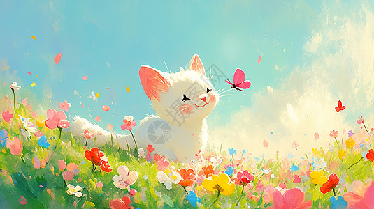 在开满鲜花的花丛中玩耍的可爱卡通小白猫图片
