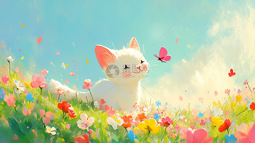 在开满鲜花的花丛中玩耍的可爱卡通小白猫图片