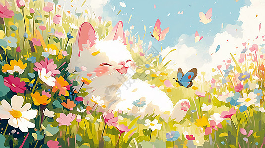 开满鲜花的花丛中玩耍的可爱卡通小白猫图片