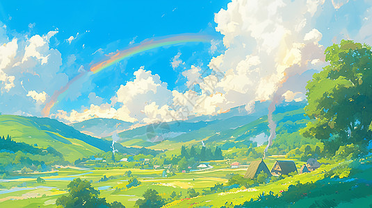 满是绿色唯美的山坡上小房子天空中一道彩虹图片