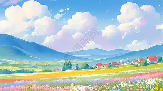 蓝天白云下一片彩色梦幻唯美的卡通花田图片