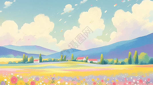 蓝天白云下一大片彩色唯美的卡通花田图片