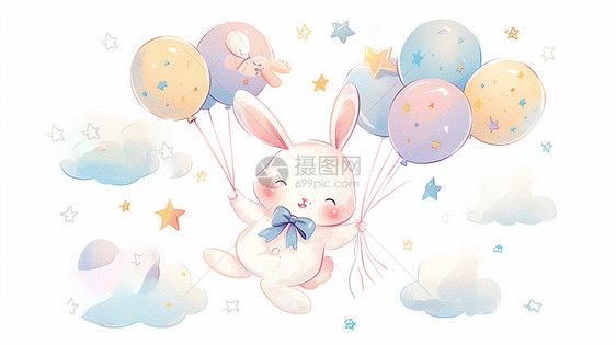 拿着彩色气球的可爱卡通小白兔在云朵上图片