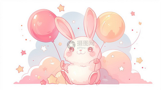 拿彩色气球的可爱卡通小兔在云朵上图片