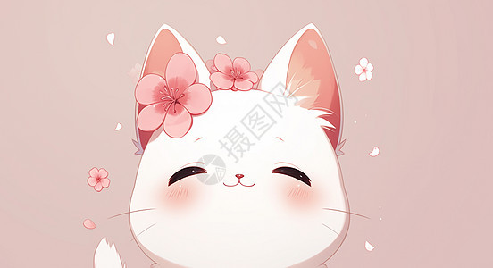 头上顶着粉色花朵乖巧可爱的卡通小白猫图片