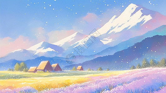 天空下一座高高的雪山与彩色花田唯美插画图片