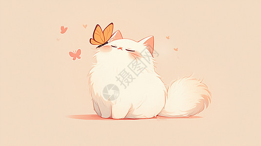 可爱卡通的小白猫与蝴蝶一起玩耍图片