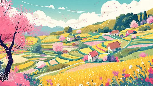 盛开着粉色桃花的卡通小山村风景插画图片
