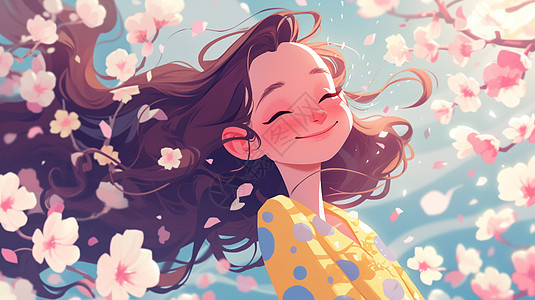 在粉色桃花间长发飘飘的卡通女孩微笑图片