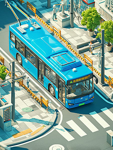 蓝色长长的巴士行驶在城市中的公路上图片
