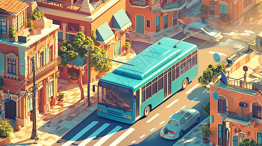在城市中行驶的一辆蓝色卡通公交车图片