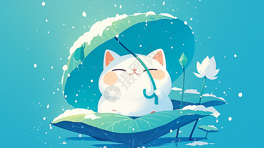 拿着大大的叶子伞的可爱小白猫图片