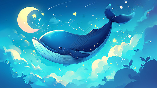 飞拉达夜晚在空中飞游的鲸鱼插画
