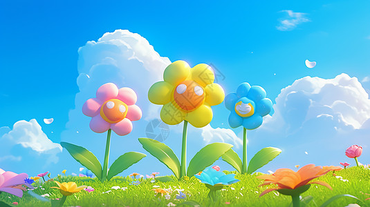 一大片草地上立体漂亮的彩色卡通花朵图片