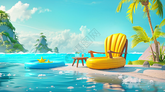 大海椰子树大边沙滩上放着一个游泳圈插画