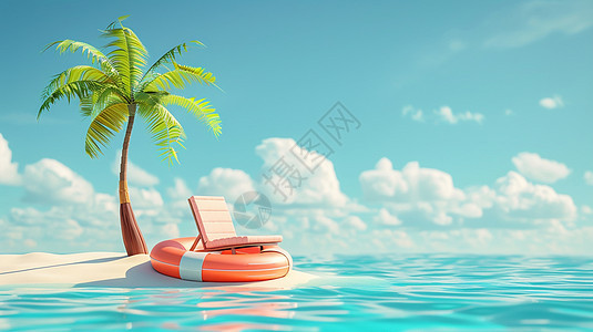 茫茫的大海中小岛上一棵椰子树与游泳圈图片