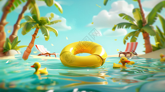夏天蓝色清澈的大海里一个黄色游泳圈图片