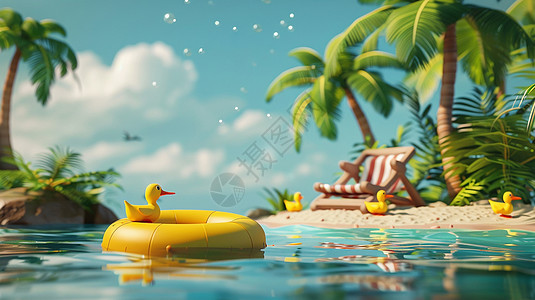 干净清澈的大海边飘着一个游泳圈与几只可爱的卡通小黄鸭图片
