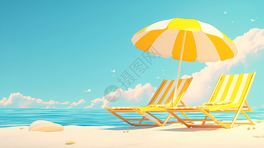 金色沙滩上两把休闲椅上有一把遮阳伞图片