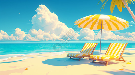 金色沙滩上休闲椅上有一把大大的遮阳伞图片