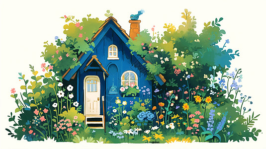 儿童画册蓝色可爱的小房子在绿色草丛中插画