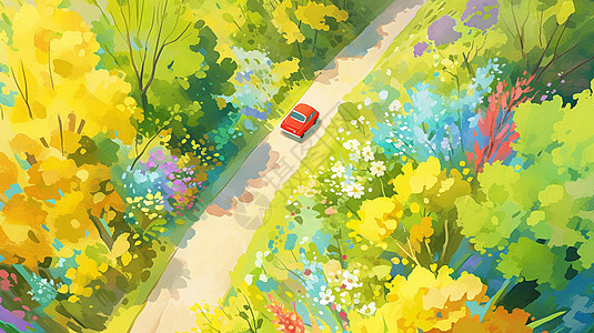 在郁郁葱葱的森林中小路上行驶的卡通汽车图片