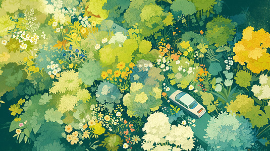 在郁郁葱葱的森林中路上行驶的卡通汽车图片
