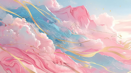 粉色云朵绕着高高的大山飘着抽象金色丝带卡通风景图片