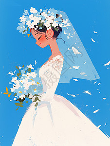 穿着白色婚纱头戴花环清新漂亮的卡通女孩高清图片