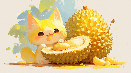 可爱卡通水果在吃榴莲的可爱卡通小猫插画