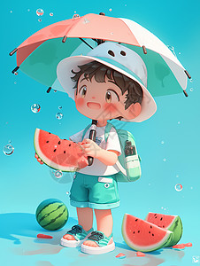 拿着雨伞吃西瓜的卡通小男孩图片