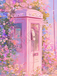 花丛深处藏着一个粉色卡通电话亭图片