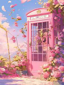 花丛中藏着一个粉色卡通电话亭图片