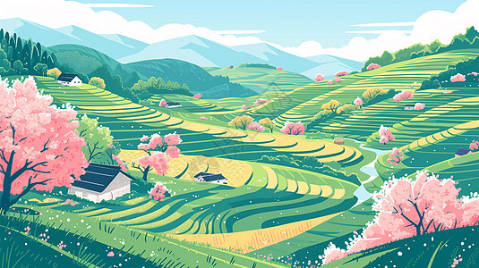 盛开着粉色桃花的卡通小村庄图片