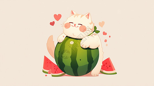 抱着大大的西瓜的可爱小猫图片