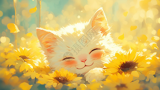 趴在黄色花丛中开心睡觉的小猫图片