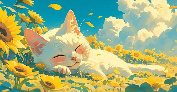 趴在花丛中开心睡觉的卡通小猫图片