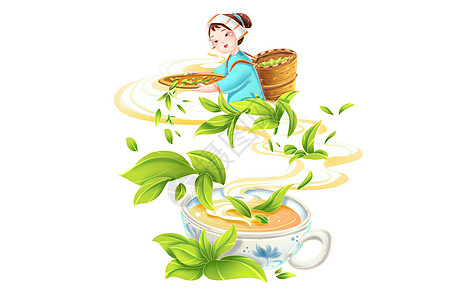 茶托盘春季茶文化采茶女茶杯茶叶装饰场景插画