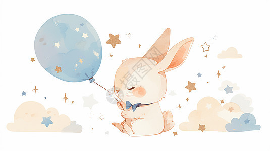 拿着蓝色气球的可爱兔子图片