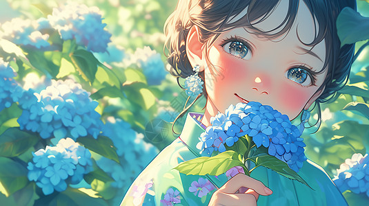 欣赏蓝色绣球花朵的古风漂亮卡通女孩图片