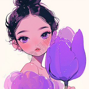 手拿紫色花朵身穿紫色裙子的小清新卡通女孩图片