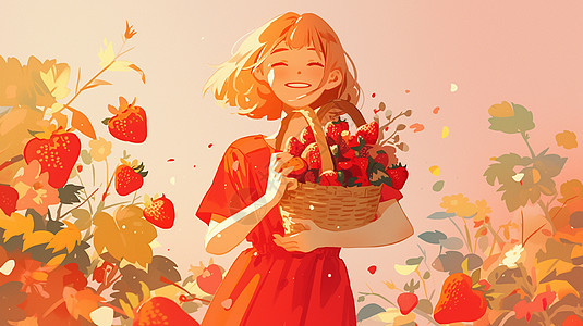 抱着一筐草莓开心笑的卡通女孩图片