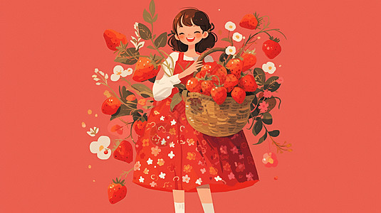 抱着草莓开心笑的卡通小女孩图片