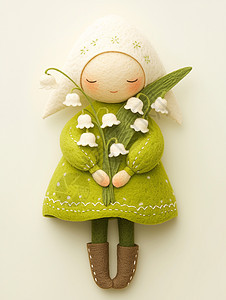 手拿风铃花朵穿着绿色衣服的可爱卡通女孩图片