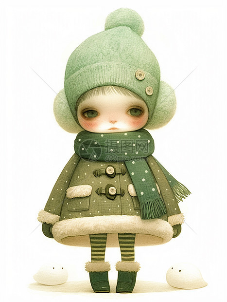 身穿绿色大衣头带帽子围着围巾的羊毛毡卡通女孩图片