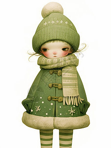 身穿绿色大衣头带绿色帽子围着围巾的羊毛毡卡通女孩图片