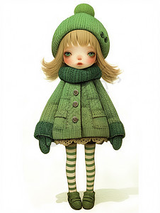 身穿大衣头带绿色帽子围着围巾的羊毛毡卡通女孩图片