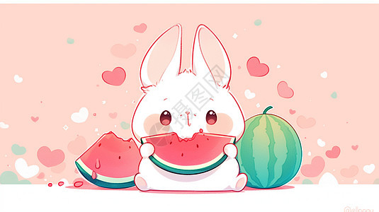 吃西瓜的可爱卡通白兔图片