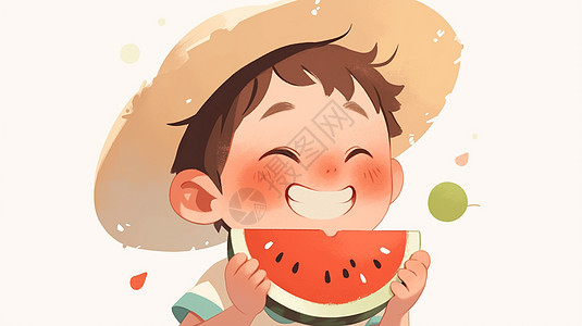 戴着大大的草帽吃西瓜的卡通小男孩图片